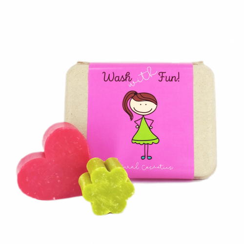 COFFRET CADEAU : « LAVER AVEC PLAISIR » - 1 SAVON EN FORME DE CŒUR + 1 SAVON EN FORME DE FLEUR