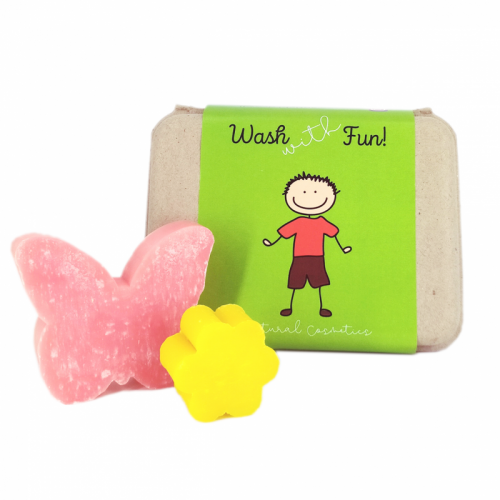 CONFEZIONE REGALO: "WASH WITH FUN" - 1 SAPONETTA A FORMA DI FARFALLA + 1 A FORMA DI FIORELLINO