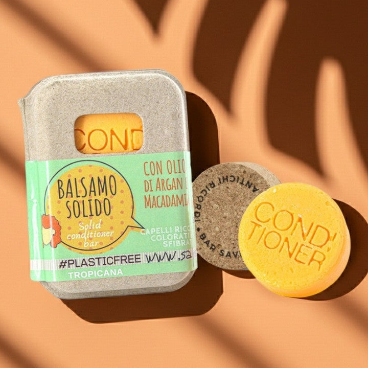Après-shampooing solide Tropicana pour cheveux bouclés, colorés ou abîmés avec bouchon en liège