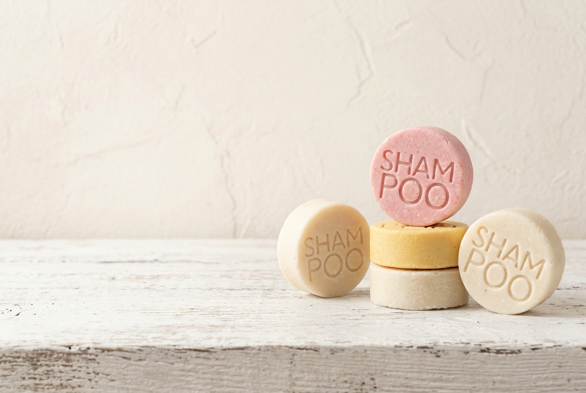 Shampoo solidi sfusi gialli, rosa e bianchi su banco bianco grezzo
