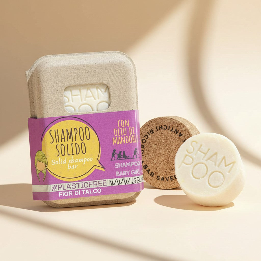 Shampoing solide au talc et aux fleurs pour bébé fille avec bouchon en liège