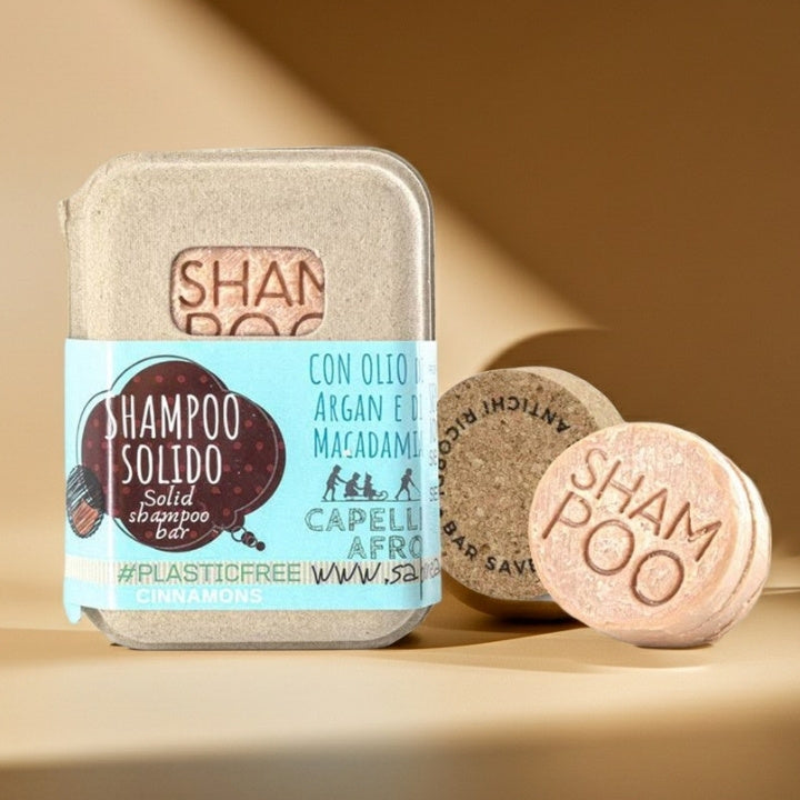 Shampoing solide pour cheveux afro ou bouclés poreux à la cannelle avec bouchon en liège