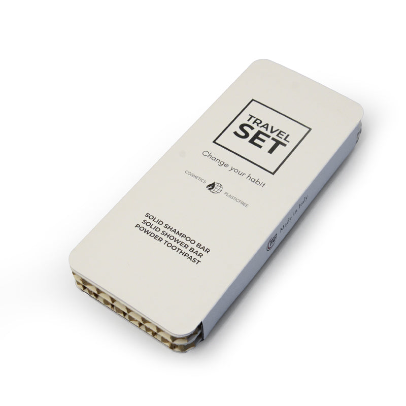 TRAVEL SET - BODY, HAIR & TOOTHPASTE PACKAGING IN RECYCLABLE HONEYCOMB CARDBOARD