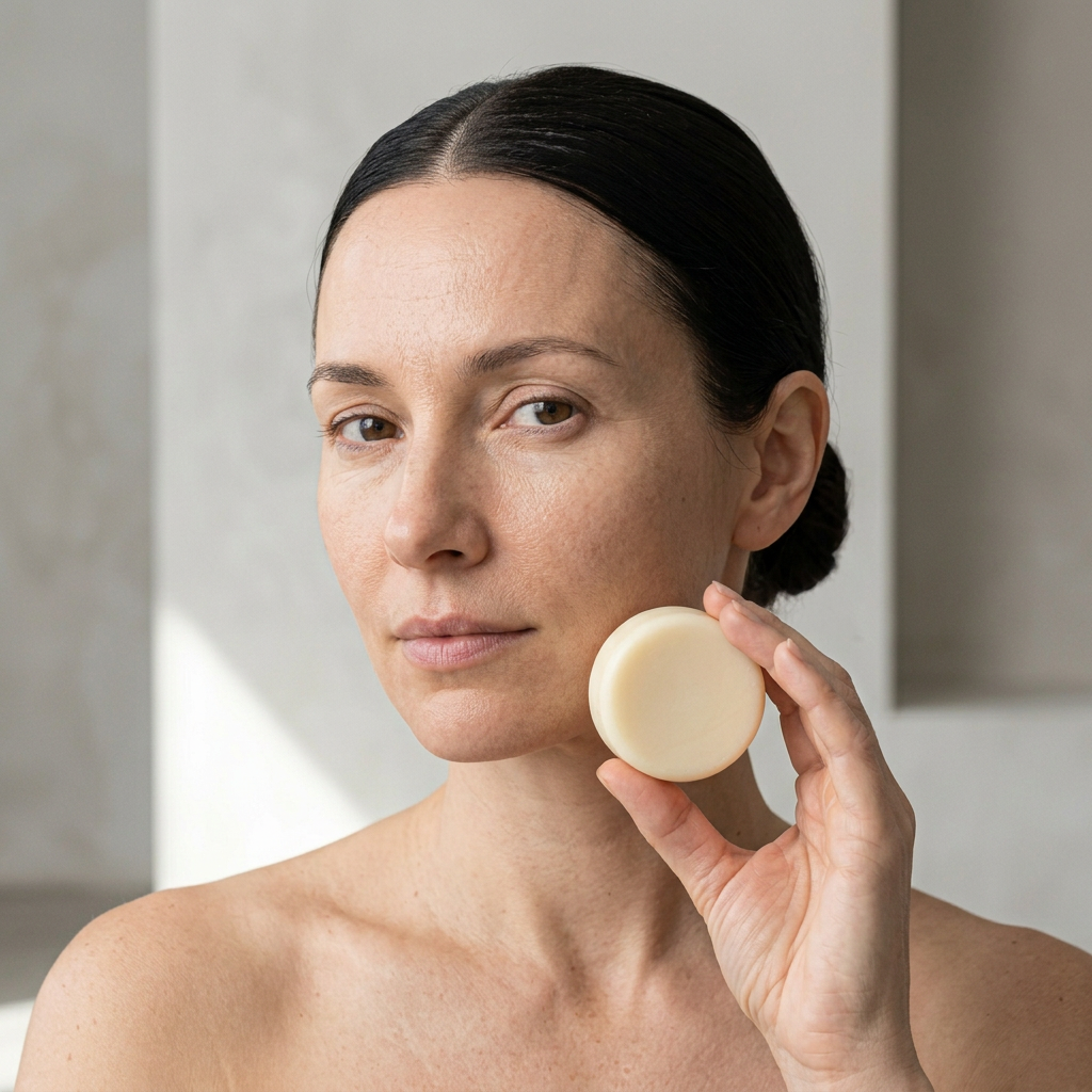 Linea Viso con donna e crema solida sfusa in mano
