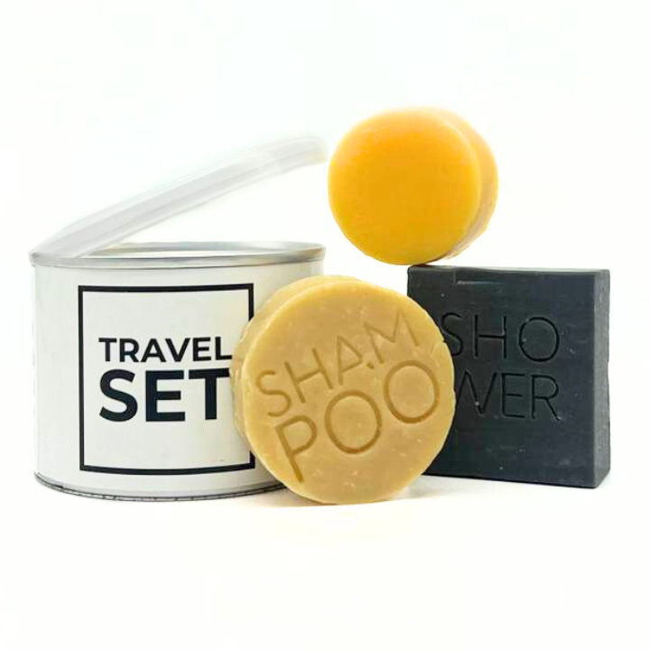 COFFRET DE VOYAGE - SHAMPOOING APRÈS-SHAMPOOING DOUCHE EMBALLAGE EN BOÎTE FERME REFERMABLE APRÈS OUVERTURE