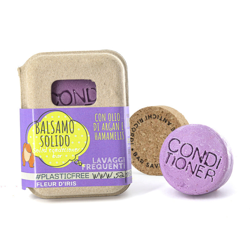 APRÈS-SHAMPOING SOLIDE POUR LAVAGES FRÉQUENTS À LA FLEUR D'IRIS AVEC BARRE DE PROTECTION EN LIÈGE