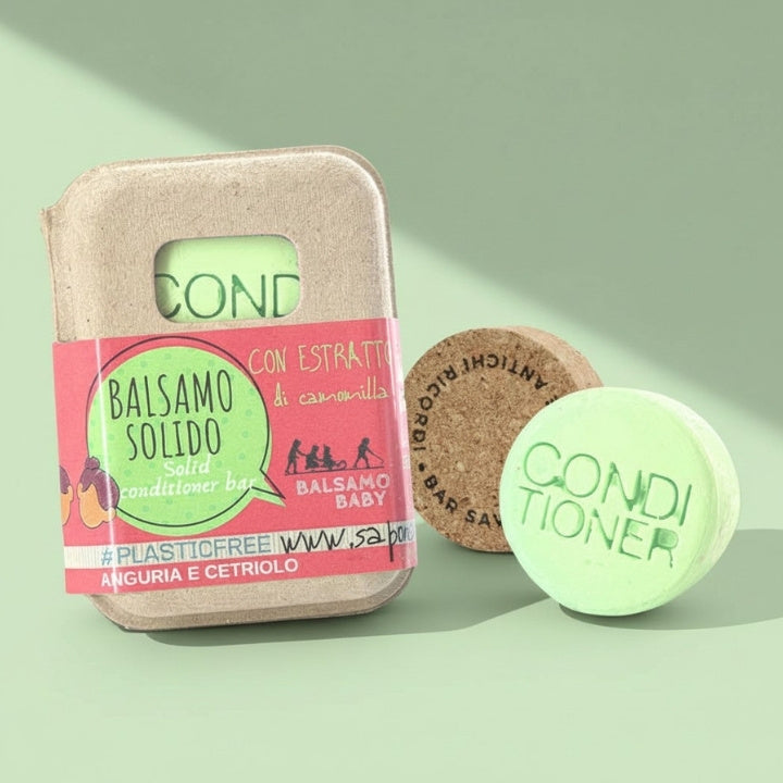 Après-shampoing solide pour bébé à la pastèque et au concombre avec bouchon en liège