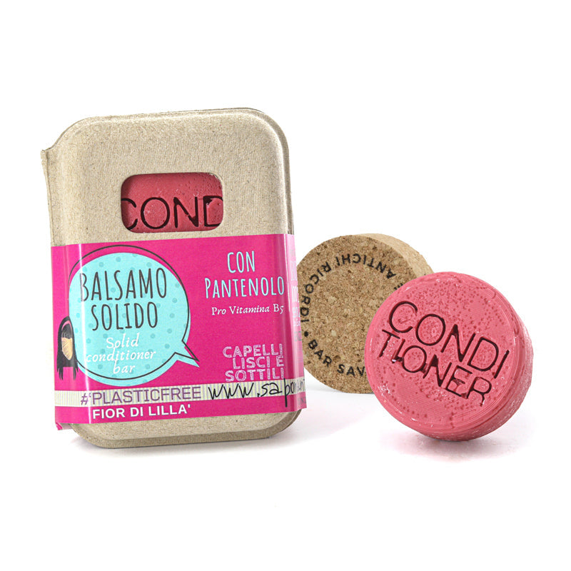 Après-shampoing solide pour cheveux lisses et fins à la fleur de lilas et bouchon en liège