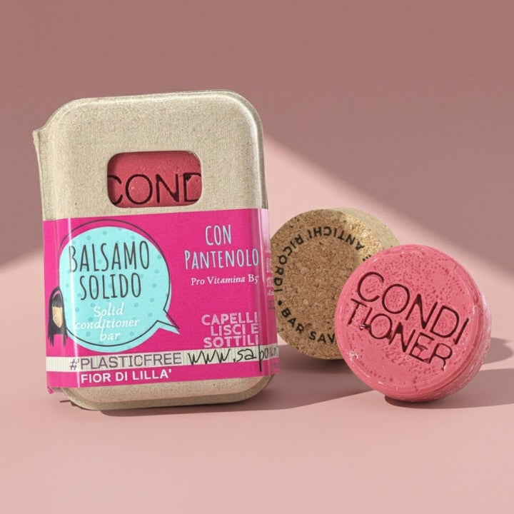 Après-shampoing solide pour cheveux lisses et fins à la fleur de lilas et bouchon en liège