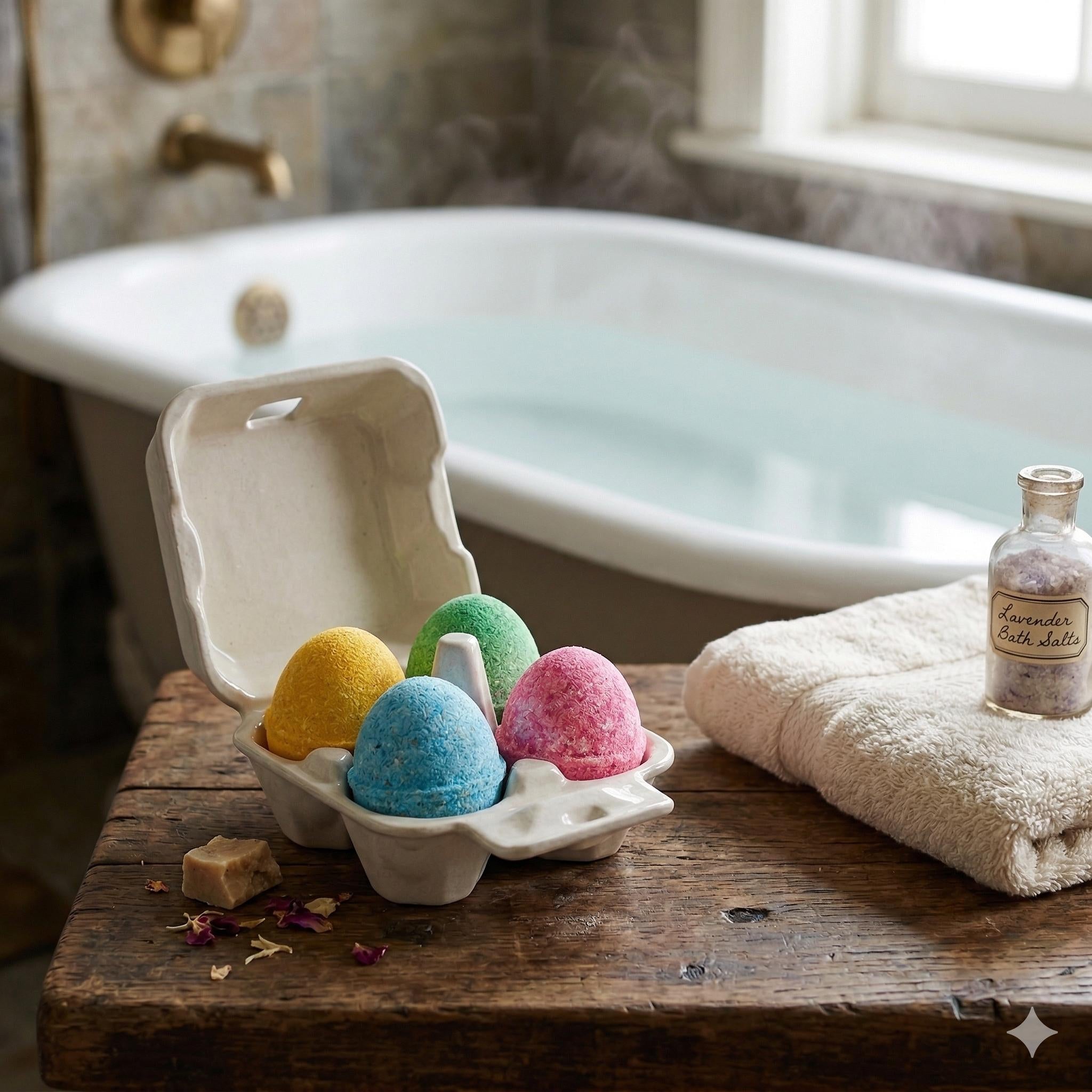 CONFEZIONE REGALO PER OGNI OCCASIONE, PERFETTA PER LA PASQUA: SET DI 4 BOMBE DA BAGNO A FORMA UOVO