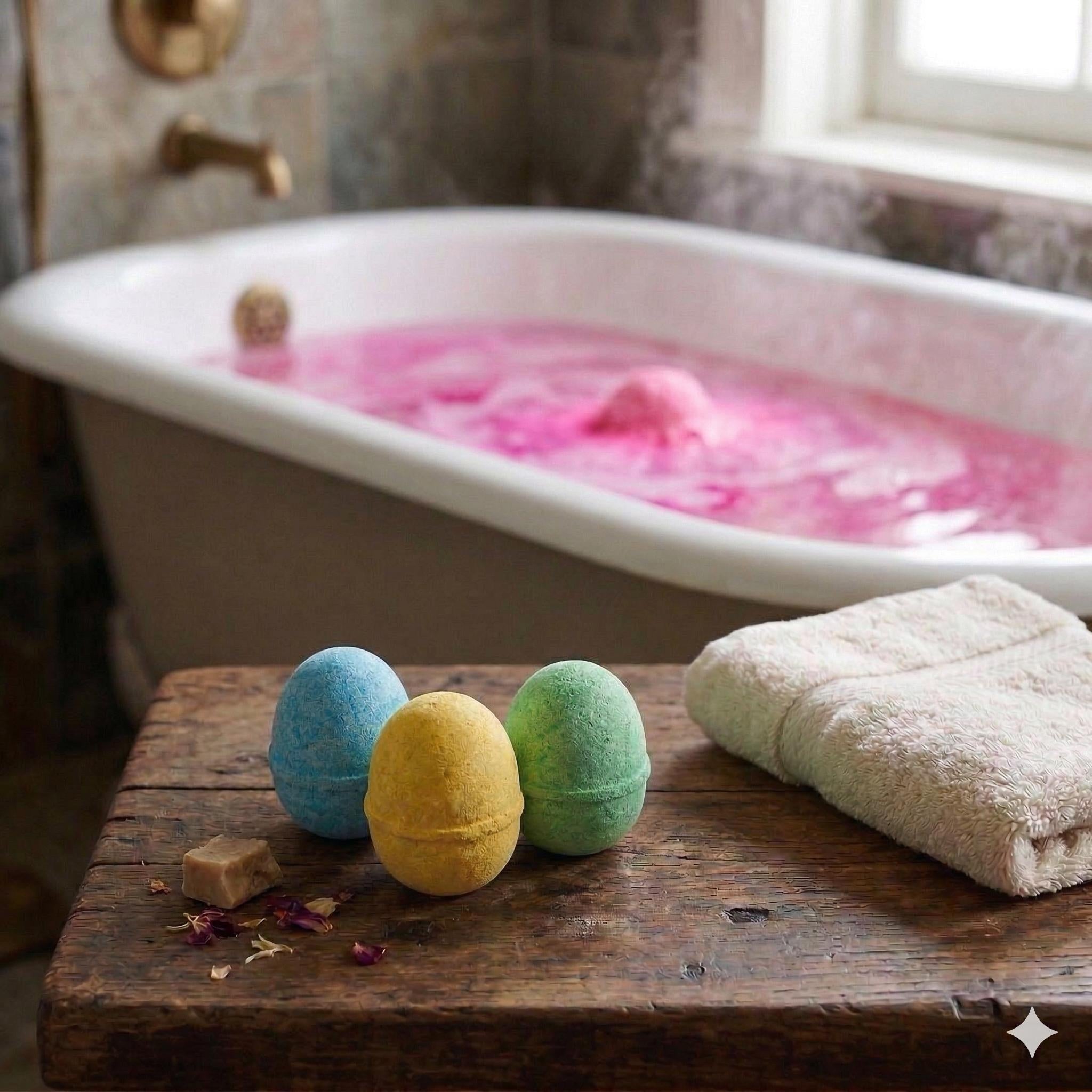 CONFEZIONE REGALO PER OGNI OCCASIONE, PERFETTA PER LA PASQUA: SET DI 4 BOMBE DA BAGNO A FORMA UOVO