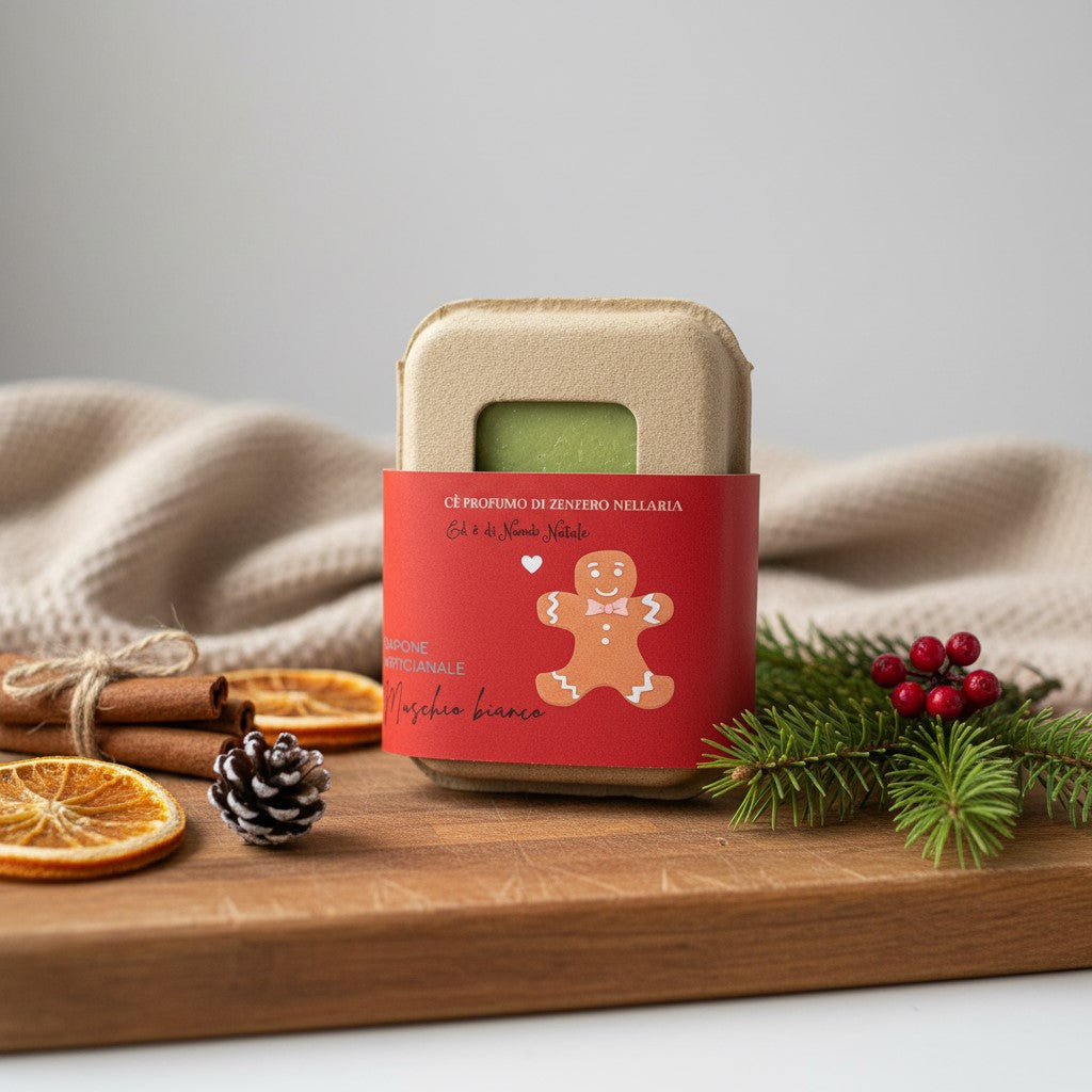 SAPONE DI NATALE AL MUSCHIO BIANCO IN PACK PACKAGING IN CARTONE RICICLATO