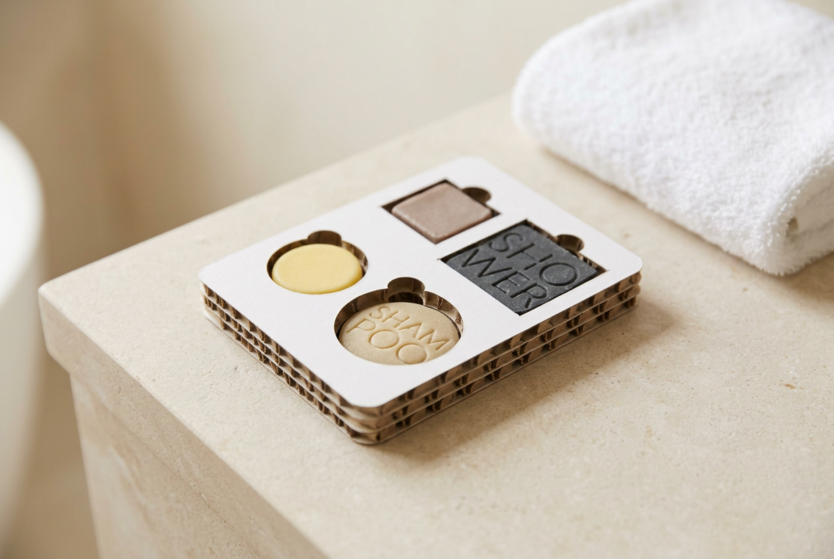 Kit cortesia in un’ambientazione da boutique hotel con pietra chiara e asciugamano bianco