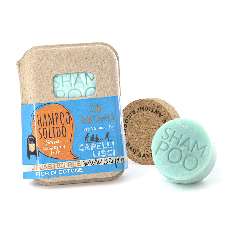 Shampoing solide pour cheveux lisses à la fleur de coton et bouchon en liège