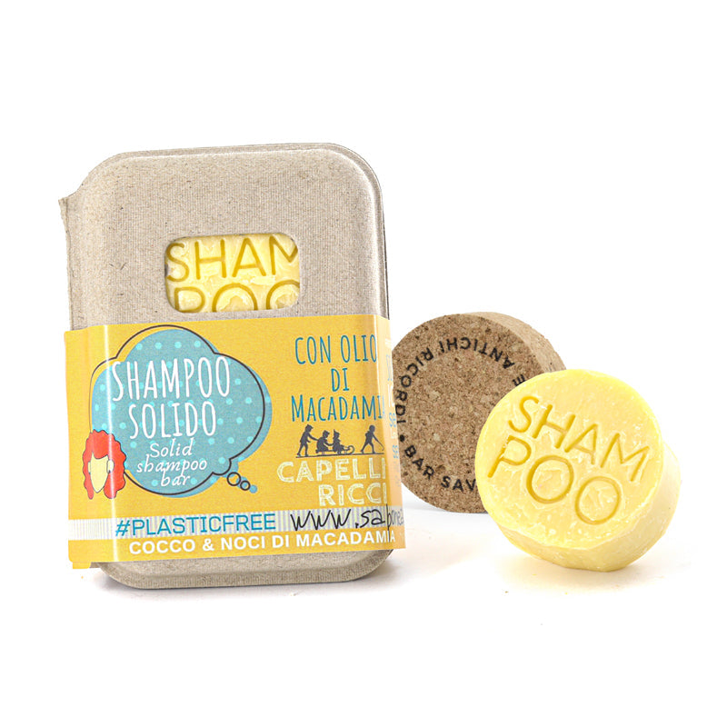 Shampoing solide à la noix de coco et à la macadamia pour cheveux bouclés avec bouchon en liège