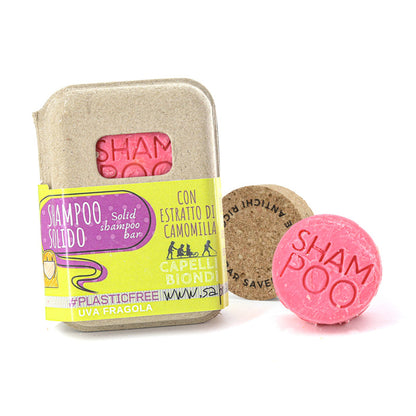 SHAMPOING SOLIDE POUR CHEVEUX BLONDS À LA FRAISE ET AU RAISIN ET AU BOUCHON DE LIÈGE