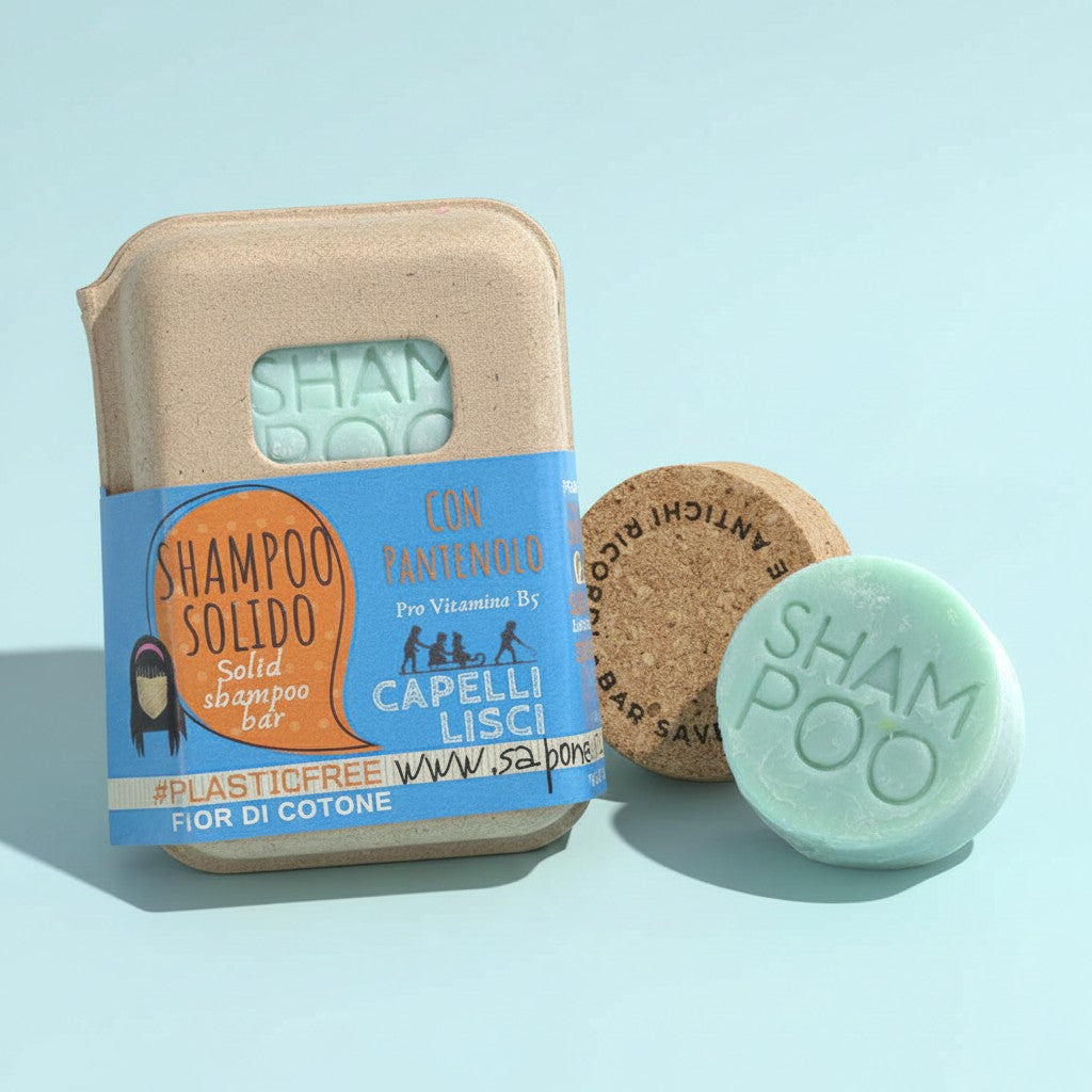 Shampoing solide pour cheveux lisses à la fleur de coton et bouchon en liège