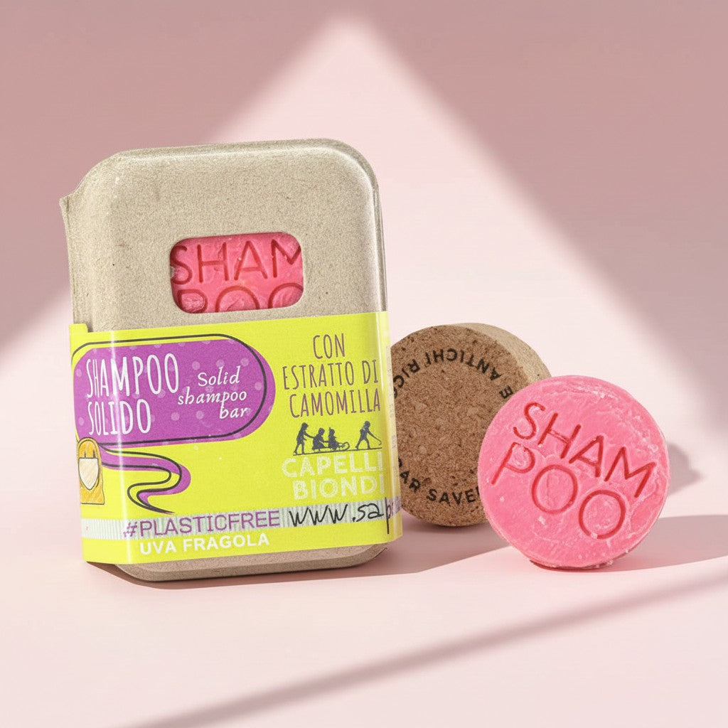 SHAMPOING SOLIDE POUR CHEVEUX BLONDS À LA FRAISE ET AU RAISIN ET AU BOUCHON DE LIÈGE