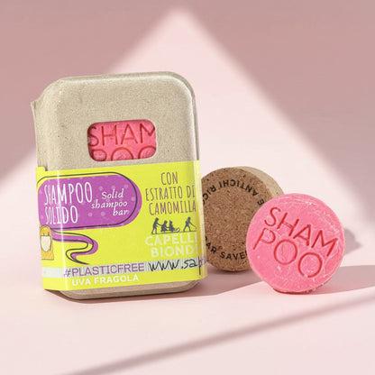 SHAMPOING SOLIDE POUR CHEVEUX BLONDS À LA FRAISE ET AU RAISIN ET AU BOUCHON DE LIÈGE