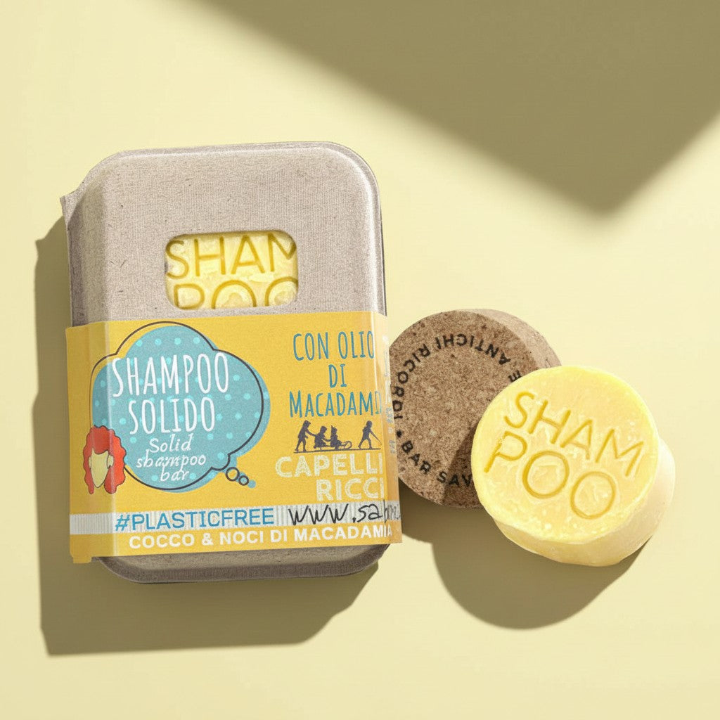 Shampoing solide à la noix de coco et à la macadamia pour cheveux bouclés avec bouchon en liège